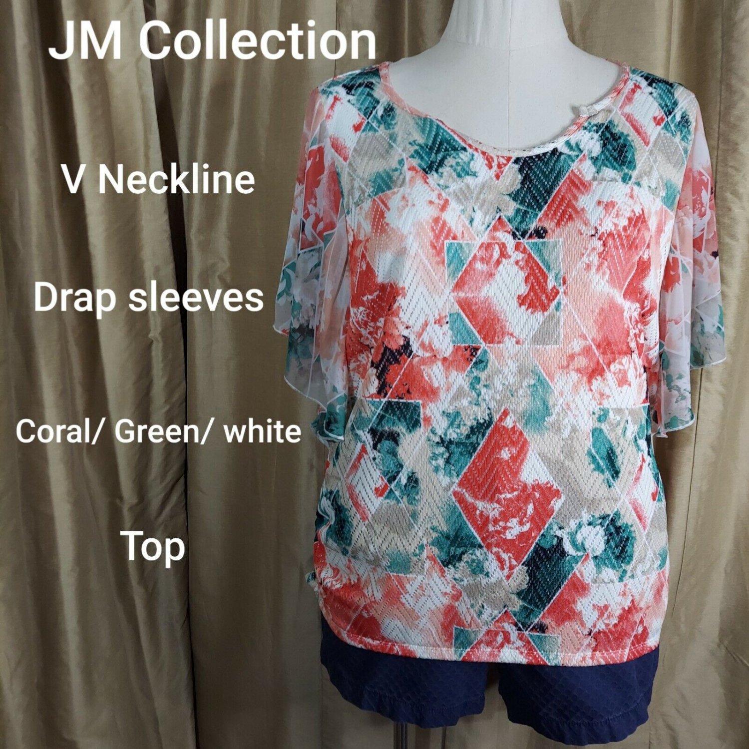 JM Collection Printed Drape Sleeve V Neckline Top Size 2X