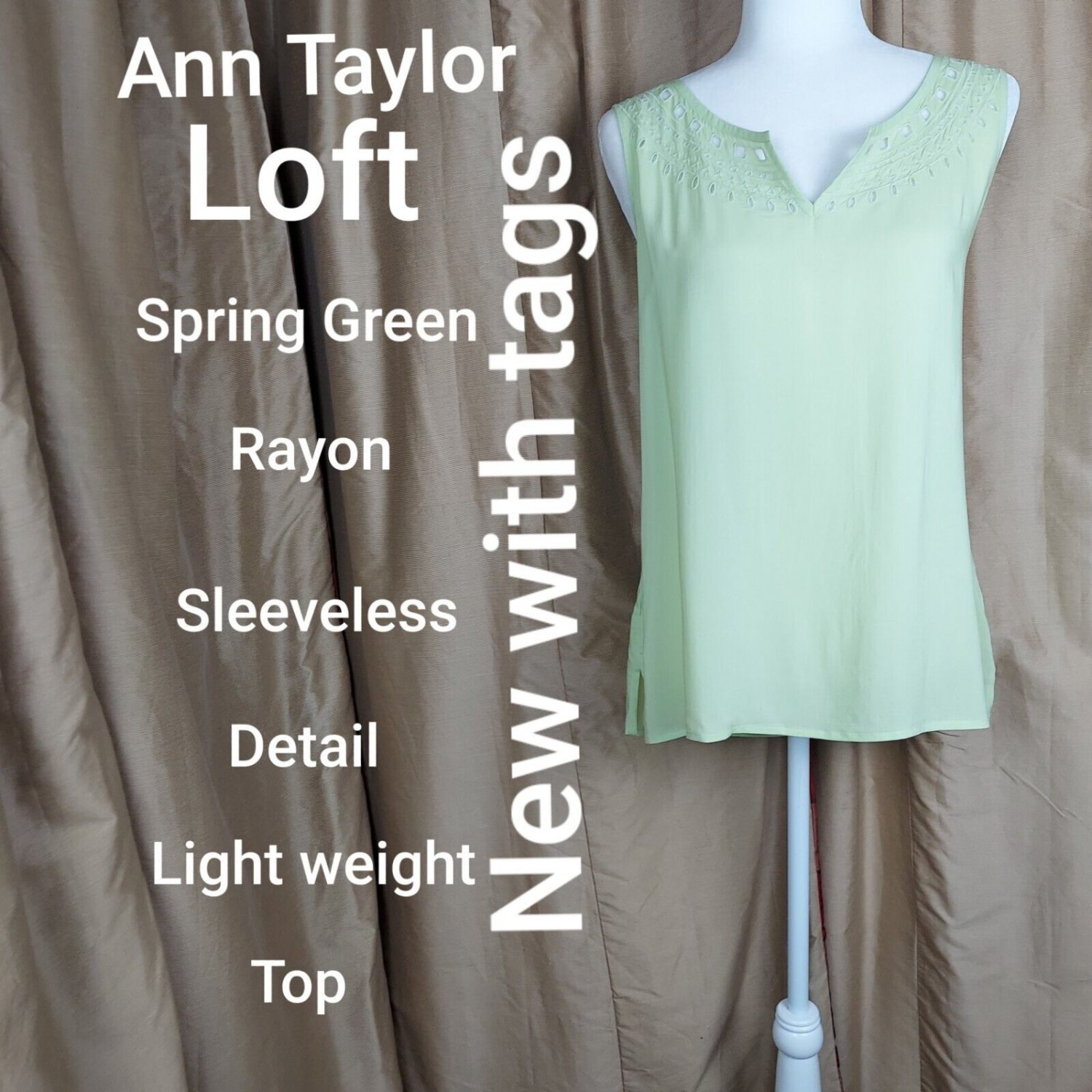New With Tag Ann Taylor Loft Spring Green Detail Sleeveless Top Size L