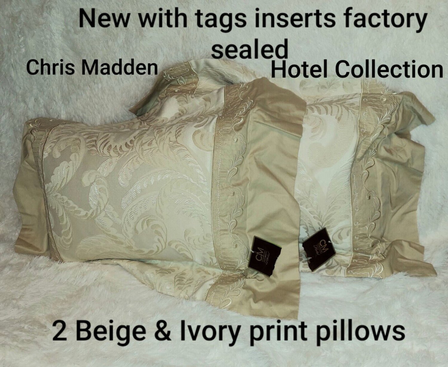 2 New Chris Madden Beige & Ivory Print  Hotel Collection Shams & Inserts Pillows