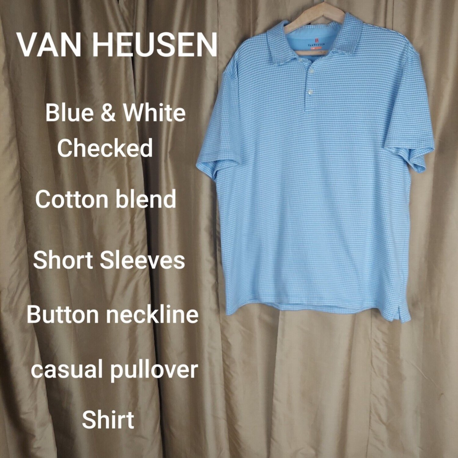 VAN HEUSEN blue & White Checkered Cotton Blend Polo Size  XXL
