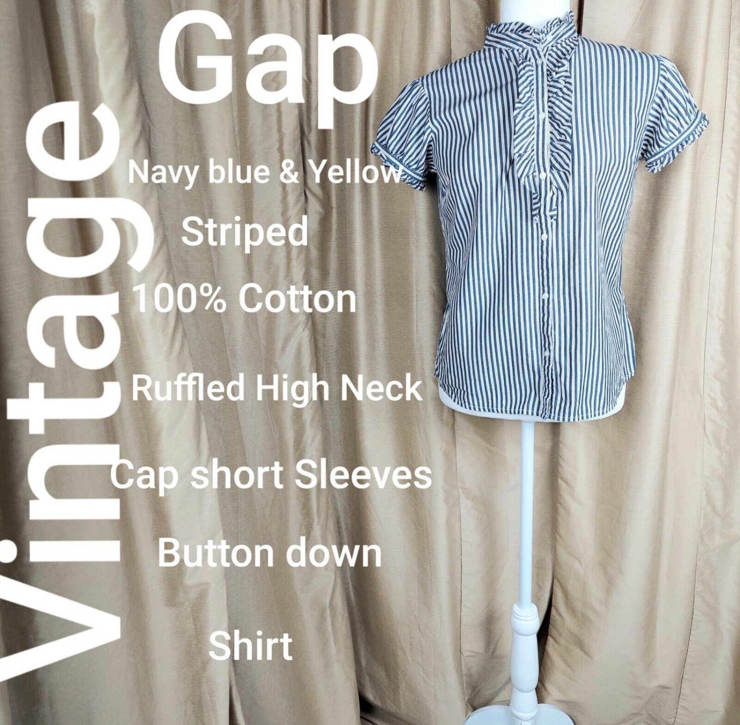 Vintage Gap Navy Blue & Yellow Striped Cotton Ruffled High Neck Button Down Cap