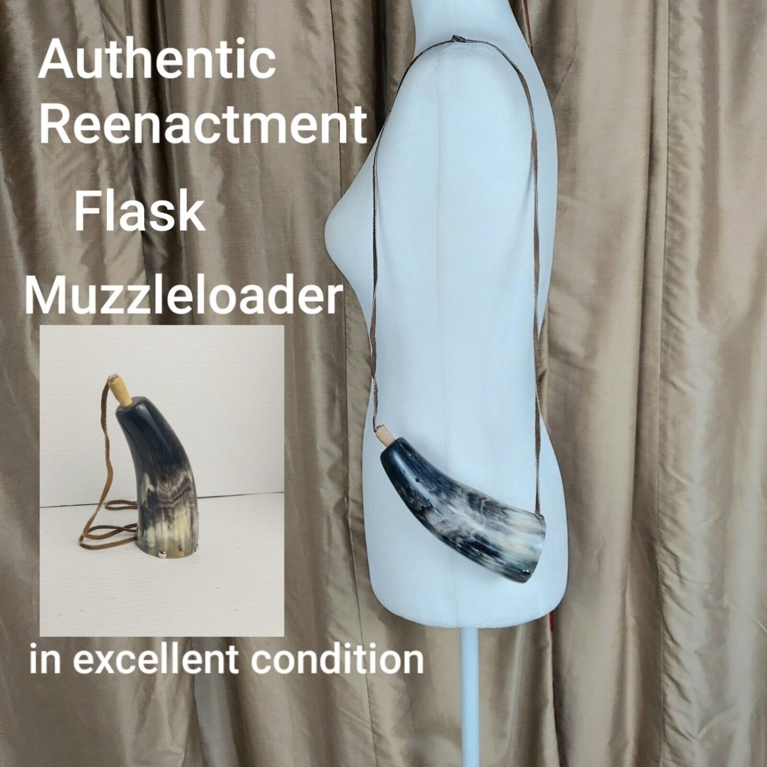 AUTHENTIC BLACK POWDER HORN  REENACTMENT FLASK MUZZLELOADER