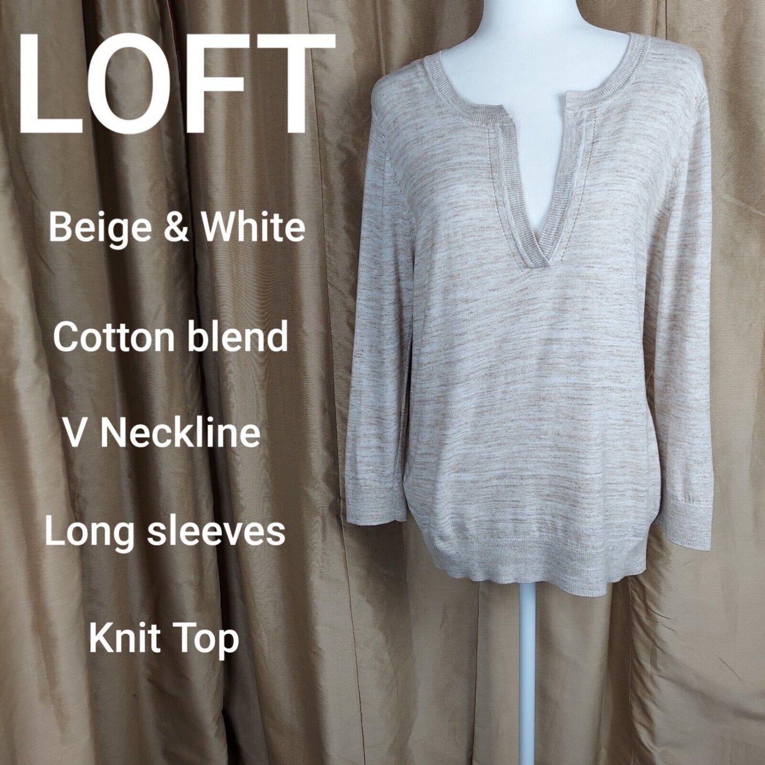 LOFT beige & White Cotton Blend V Neckline Knit Top Size L