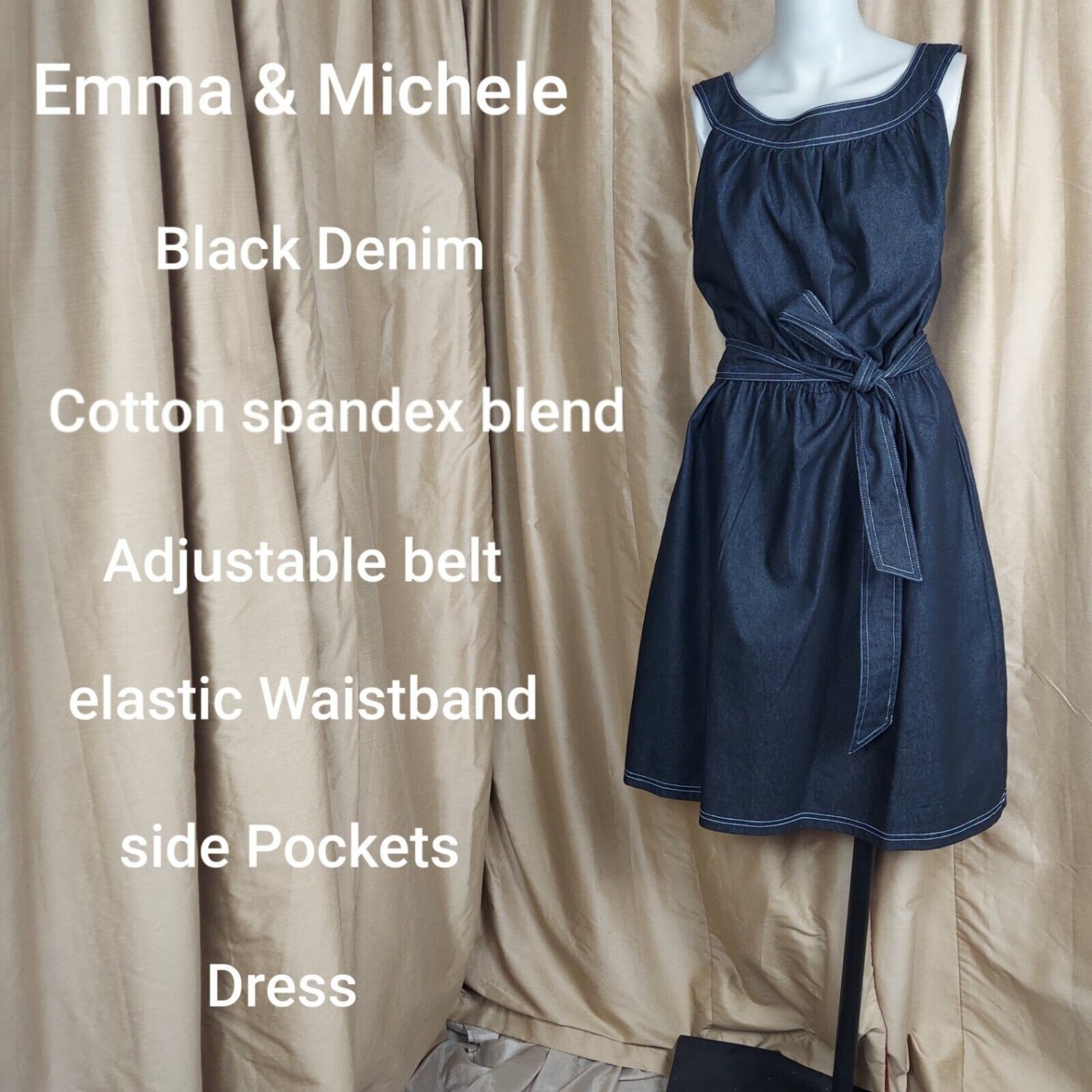 Emma & Michele Black Denim Side Pockets Belted Dress Size 12