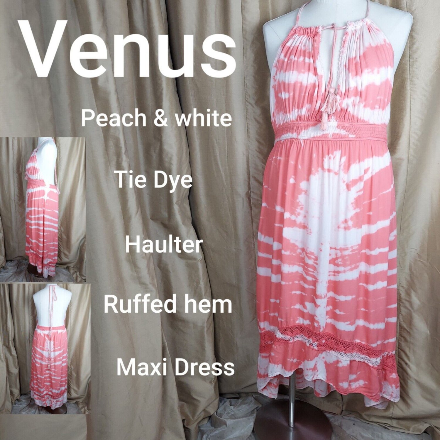 Venus Peach & White Tie Dye Lace Ruffled Detail Hem Goddess Maxi Dress Size L