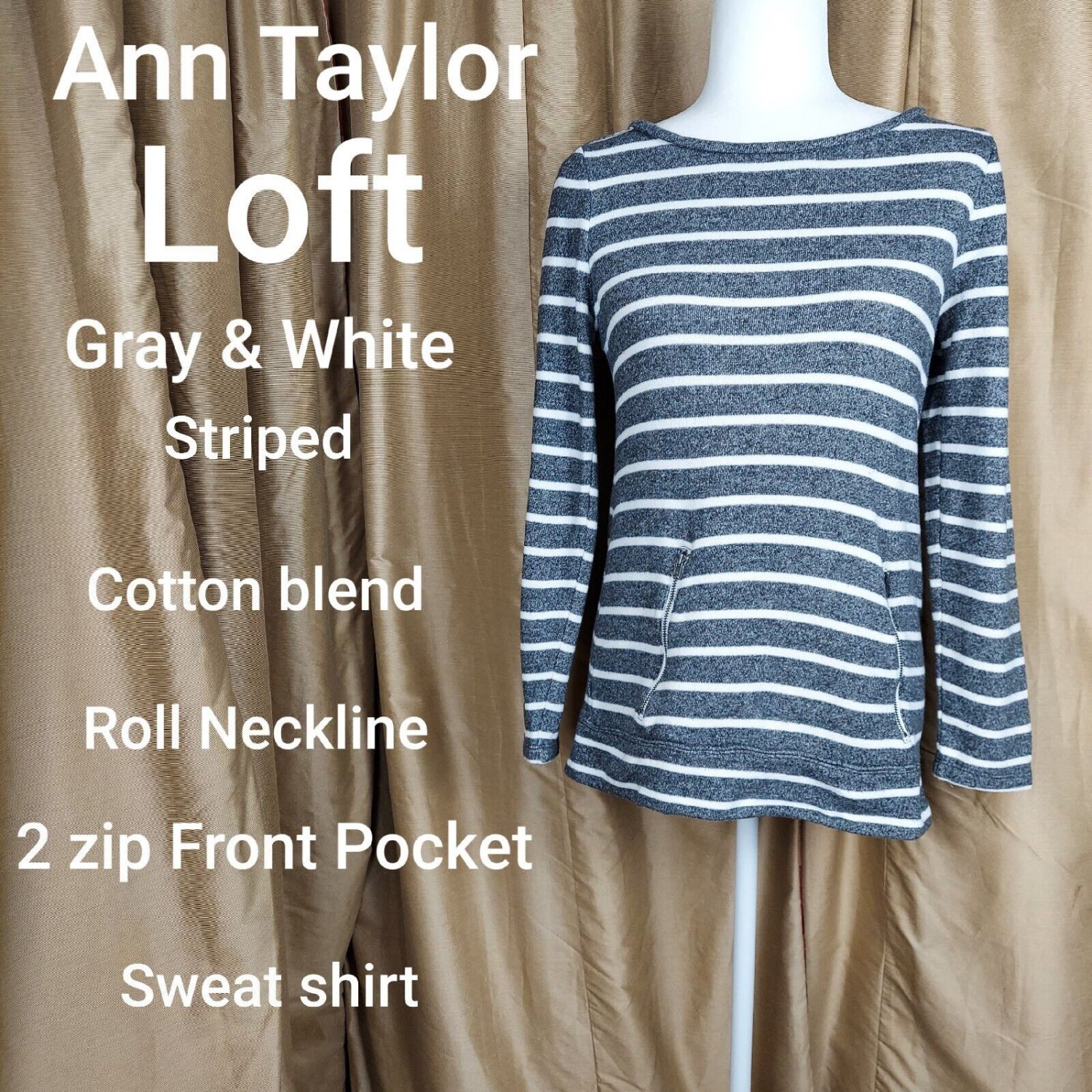 Ann Taylor LOFT Gray & White Striped Zip Front Pouch Sweat Shirt Size XS