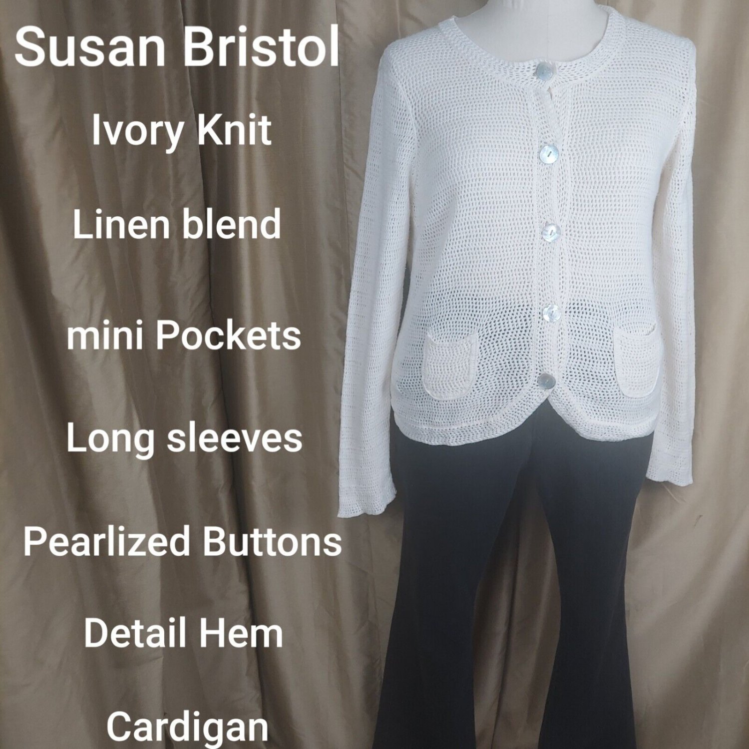 Susan Bristol Ivory Lien Blend Button Down  Front Pockets Net  Knit Size XL