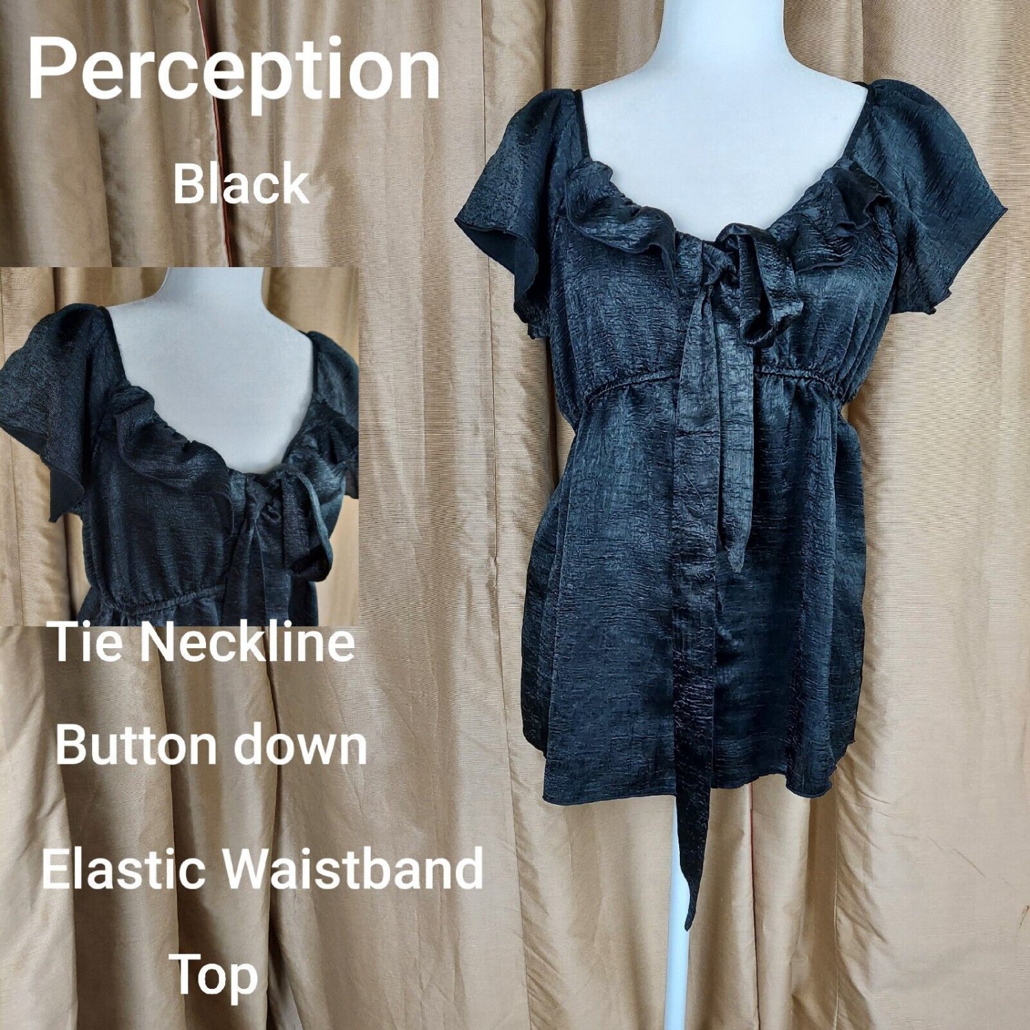 Perception Black Tie Neck Button Down Top Size L
