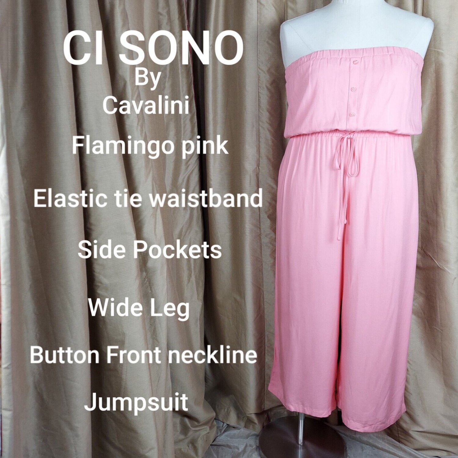 CI Sono Flamingo Pink Button Front Pockets  Wide Leg Jumpsuit Size XL