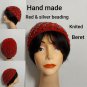 Handmade Red Knitted Beret With Silver Beading