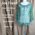Joe Fresh Green & Yellow Print Button Neck Sheer Top Size M