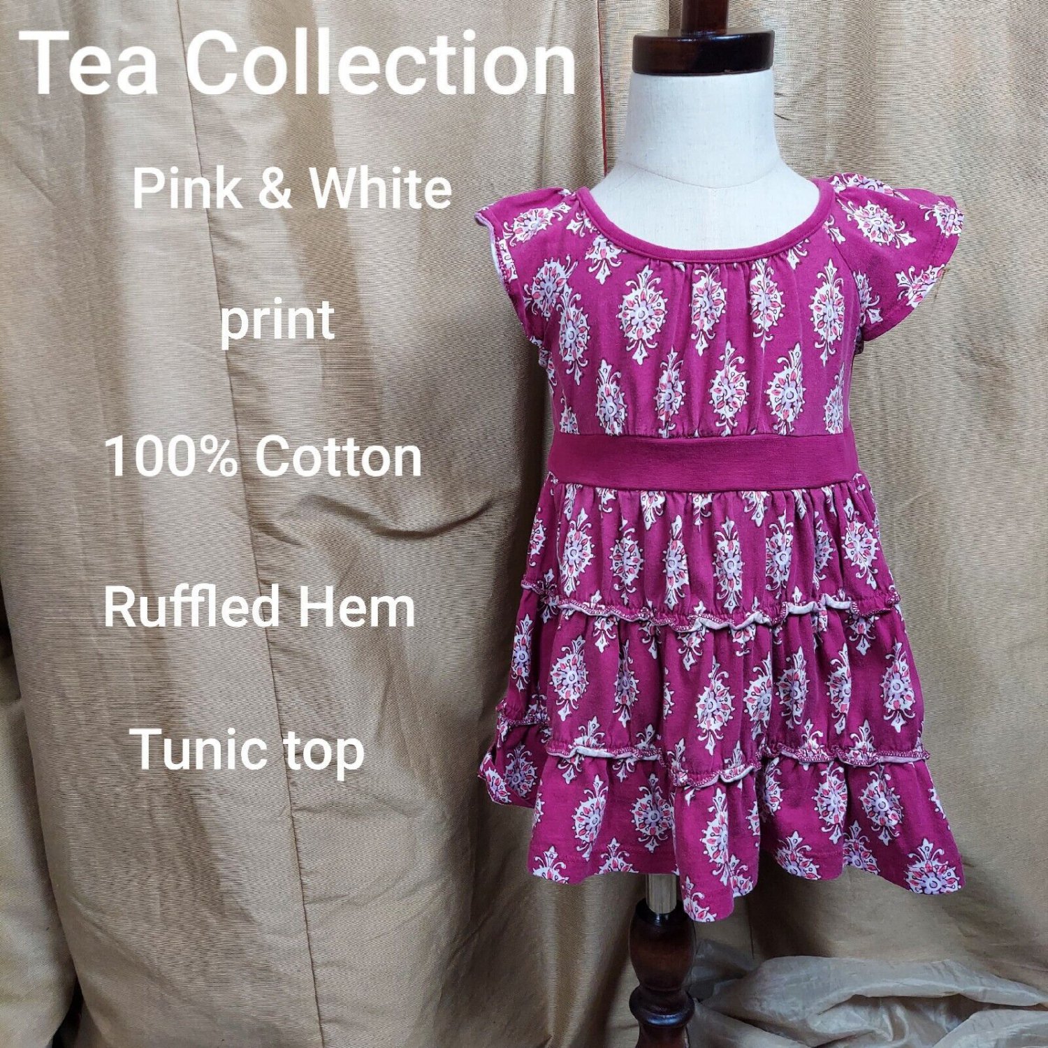Tea Collection Pink & White Print 100% Cotton Ruffled Hem Top Size 12-24 Mos.