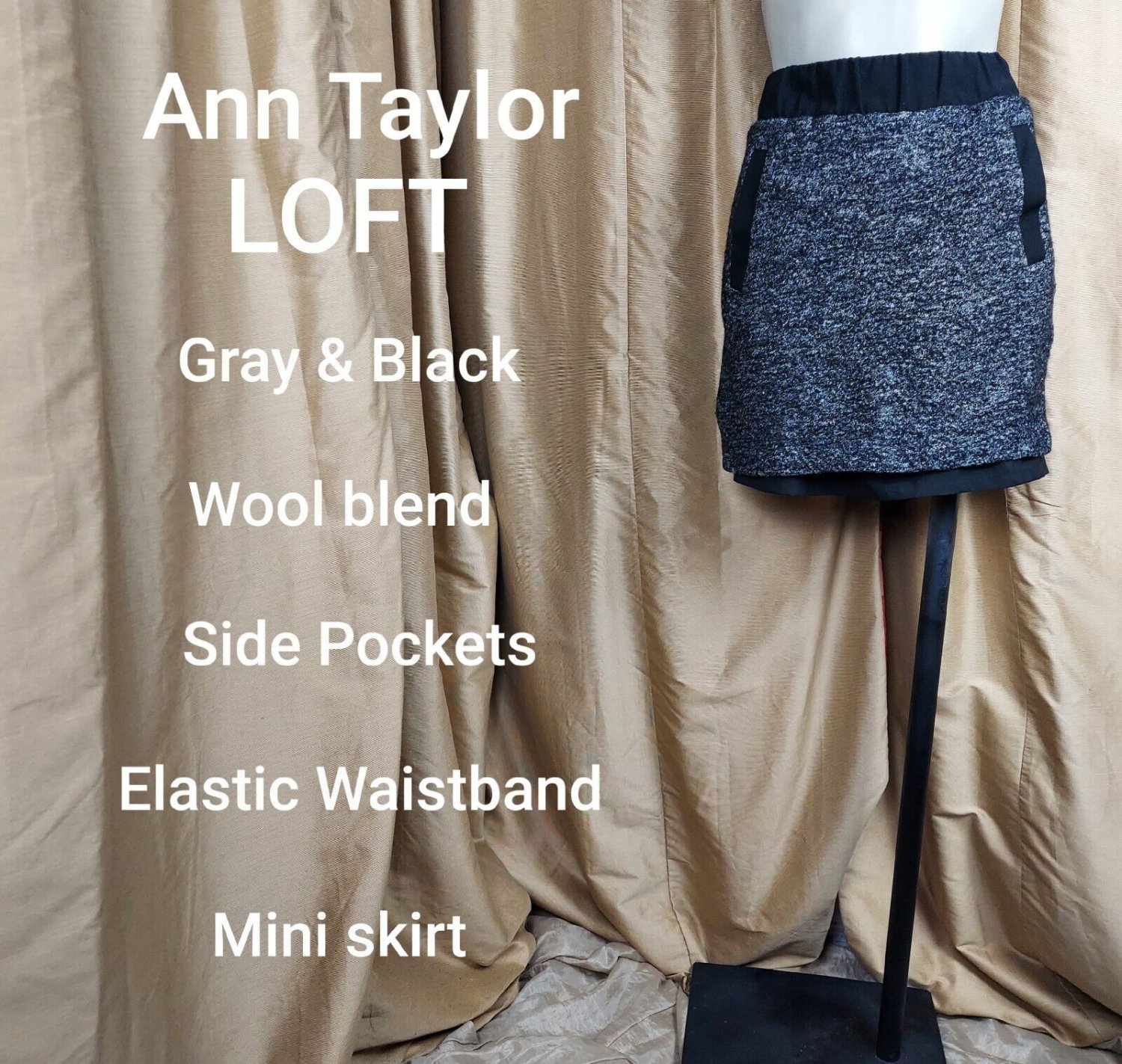 Ann Taylor LOFT Gray & Black Wool Blend Sixe Pockets Skirt Size M