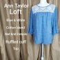 Ann Taylor LOFT Blue & White Detail Ruffled Sleeves Cuff Top Size M