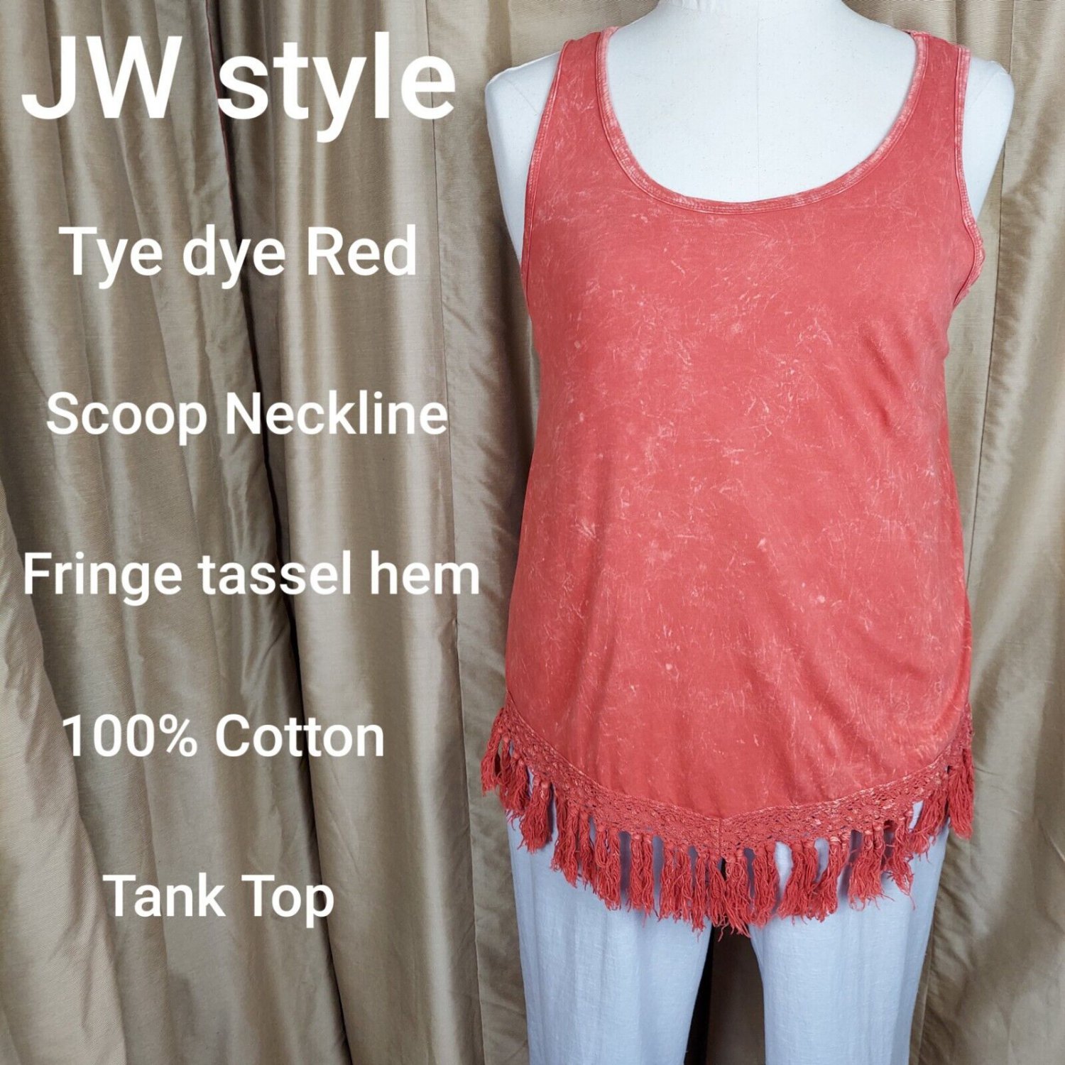 Jw Style Tye Dye Red Tassel Front Hem Cotton Tank Top Size XL