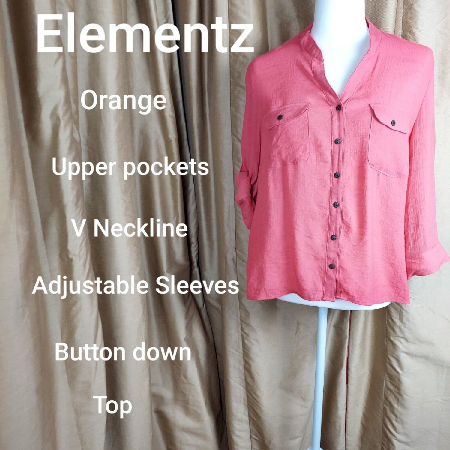Elementz Orange V Neckline Adjustable Sleeves Button Down Top Size PL