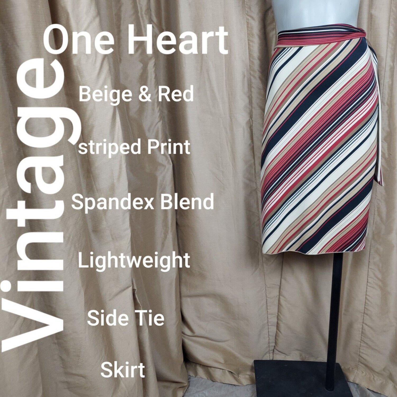 Vintage One Heart Beige & Red Striped Side Tie Closure Skirt Size M