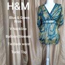 H&M Green & Blue Print V Neckline Tunic Top Size 6