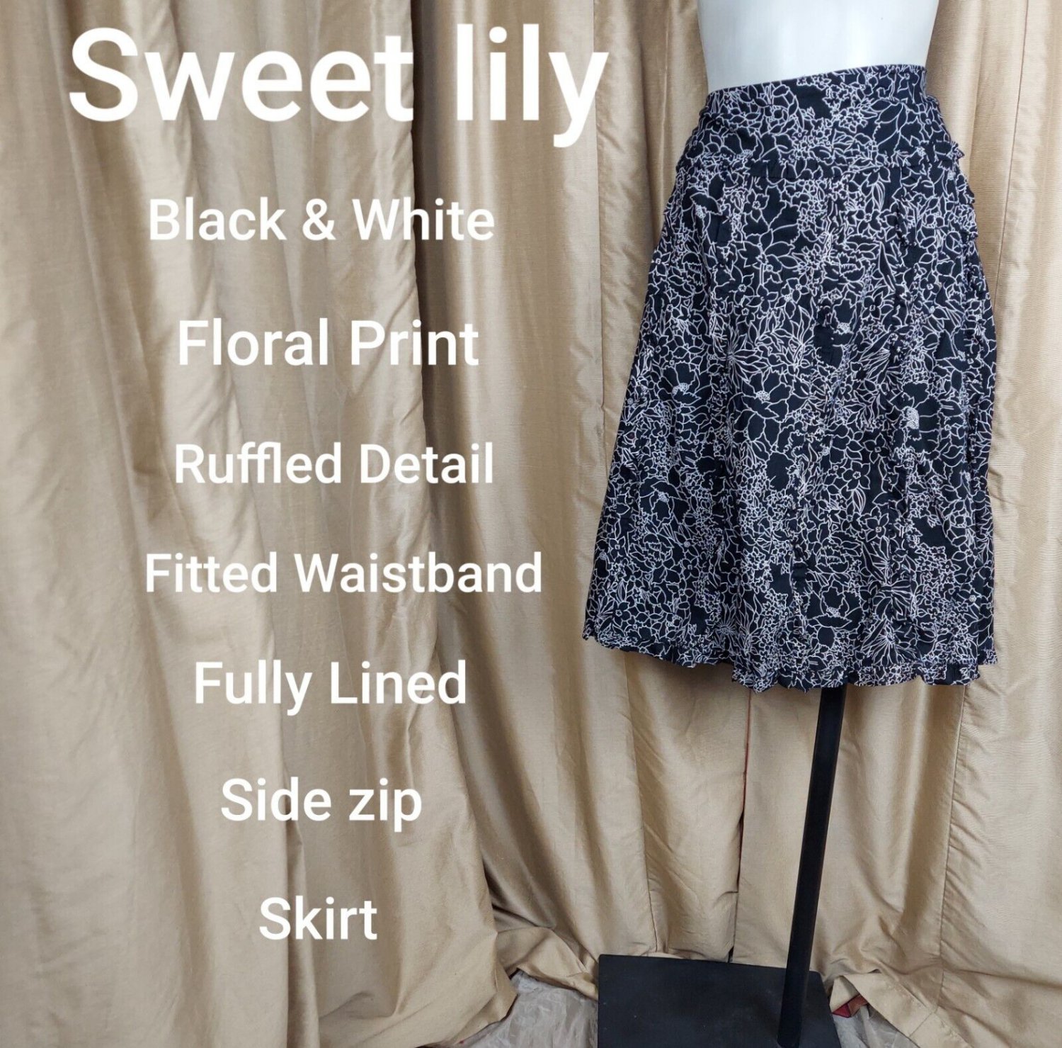 Sweet Lilly black and white ruffled detail skirt size 12