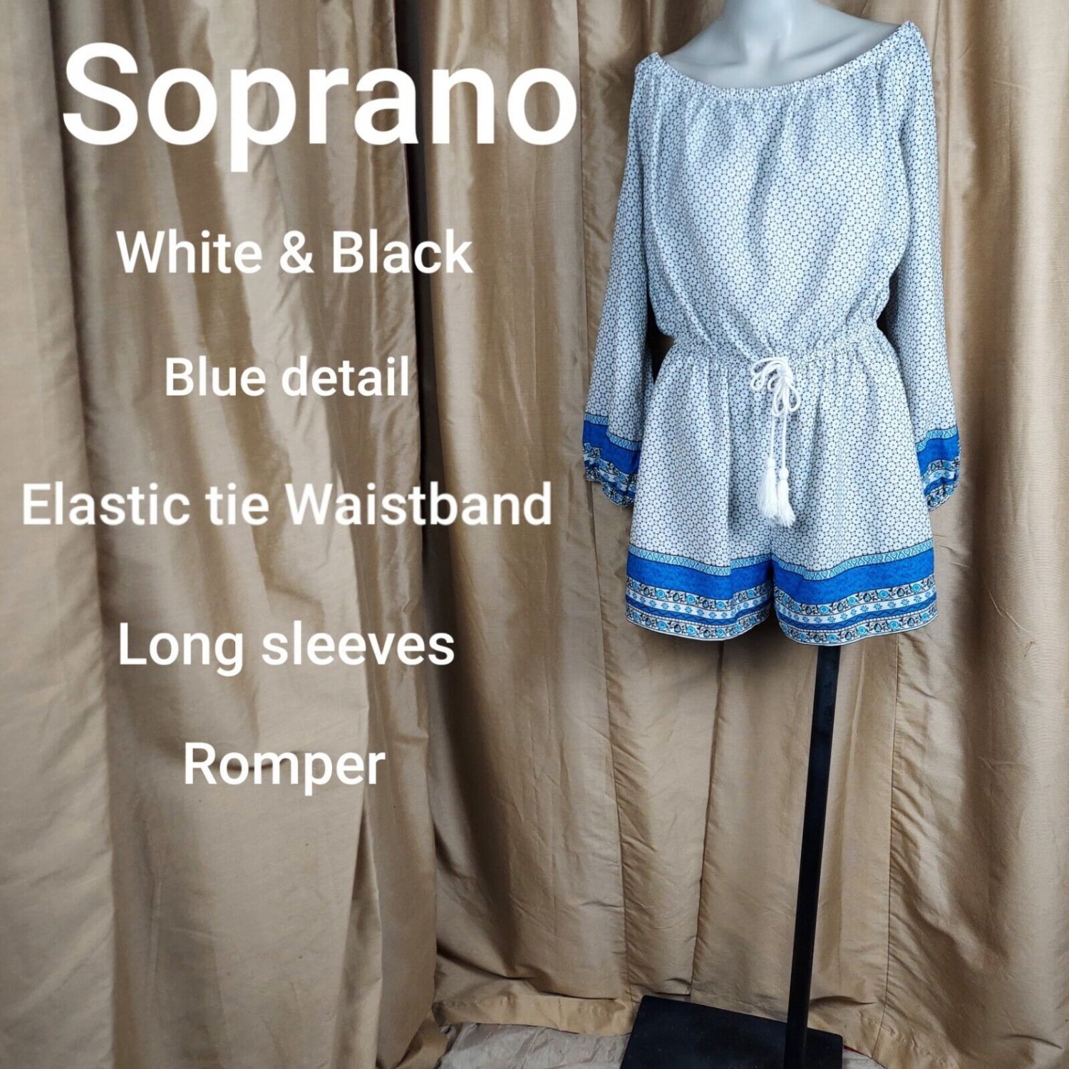 Soprano White & Black Print With Blue Details Long Sleeves Romper Size L