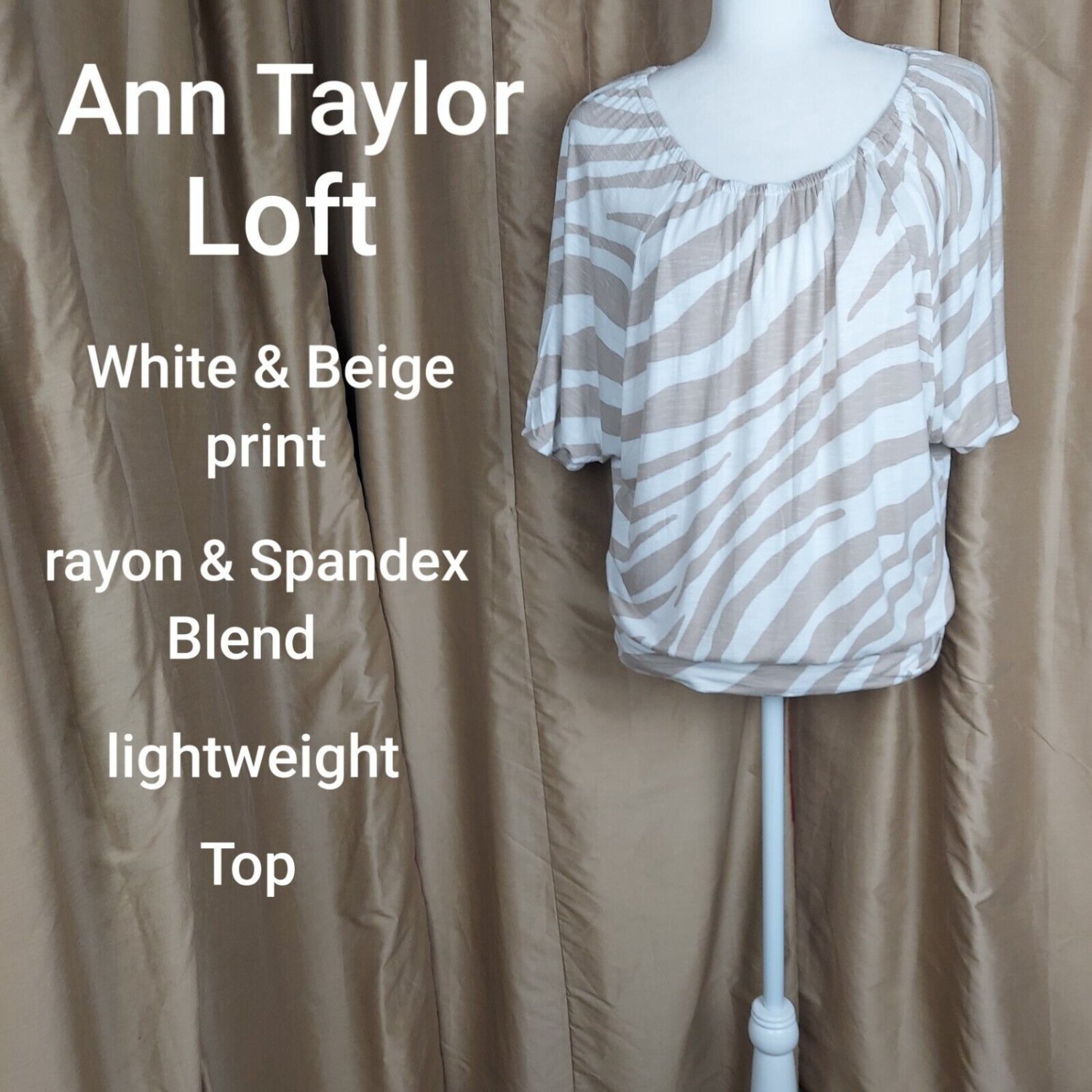 Ann Taylor LOFT White & Beige Print Lightweight Top Size S