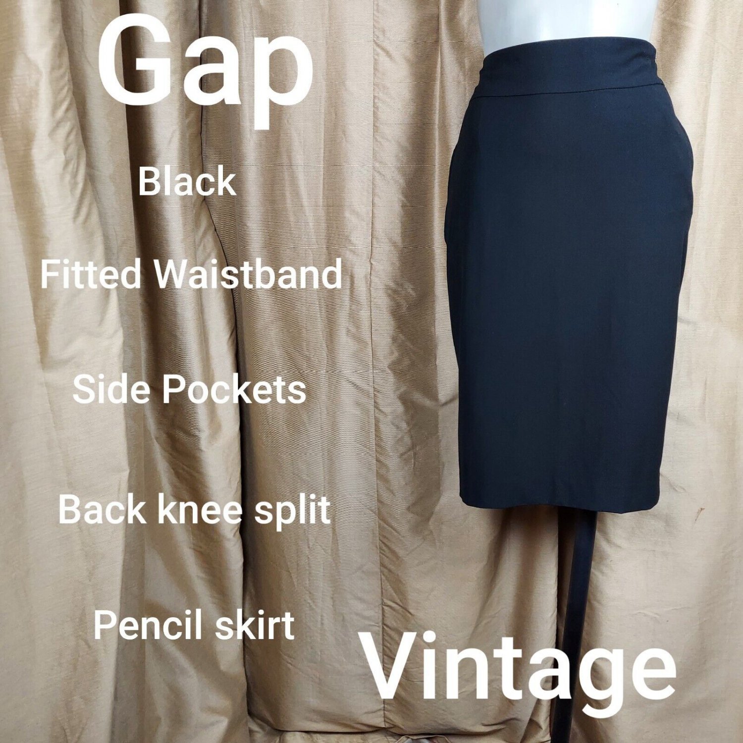 Vintage Gap Black Side Pockets Back Knee Split Pencil Skirt Size 0