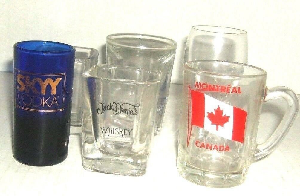 6 fun Assorted Logo & Plain  shot wishkey/ vodka glasses