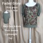 Faded Glory Olive Green Floral Print Faux Back Button Top Size M
