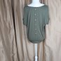 Faded Glory Olive Green Floral Print Faux Back Button Top Size M