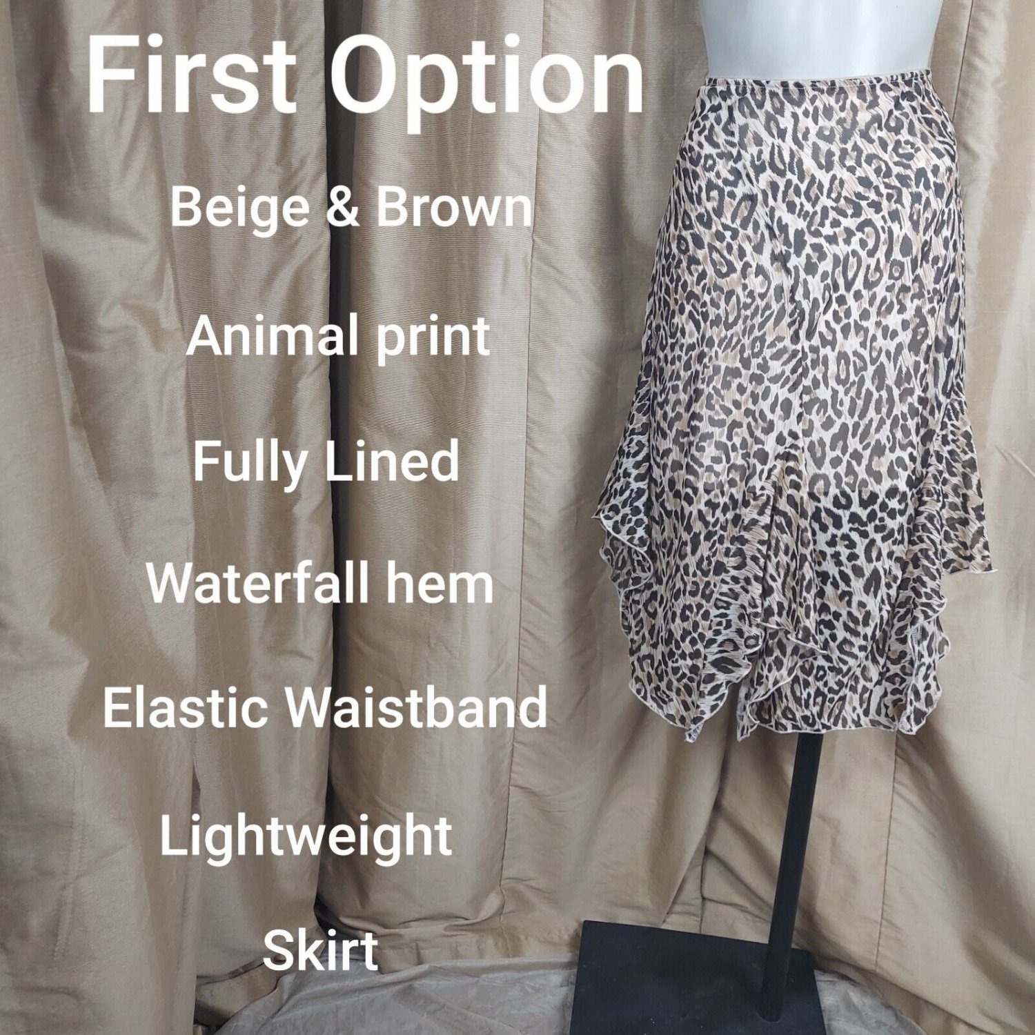 First Option beige brown animal print waterfall hem skirt size L