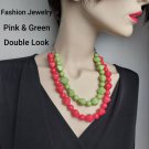 Fashion 2 Strand Pink & Green Bead Necklace