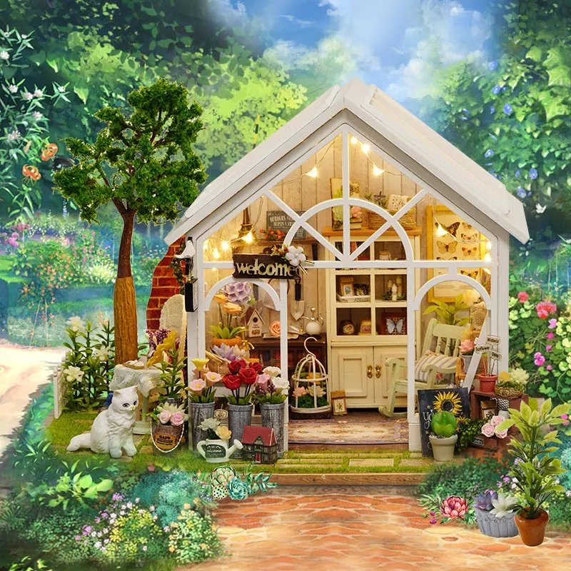 Wooden Greenhouse DIY Miniature Dollhouse LED Light Music Box