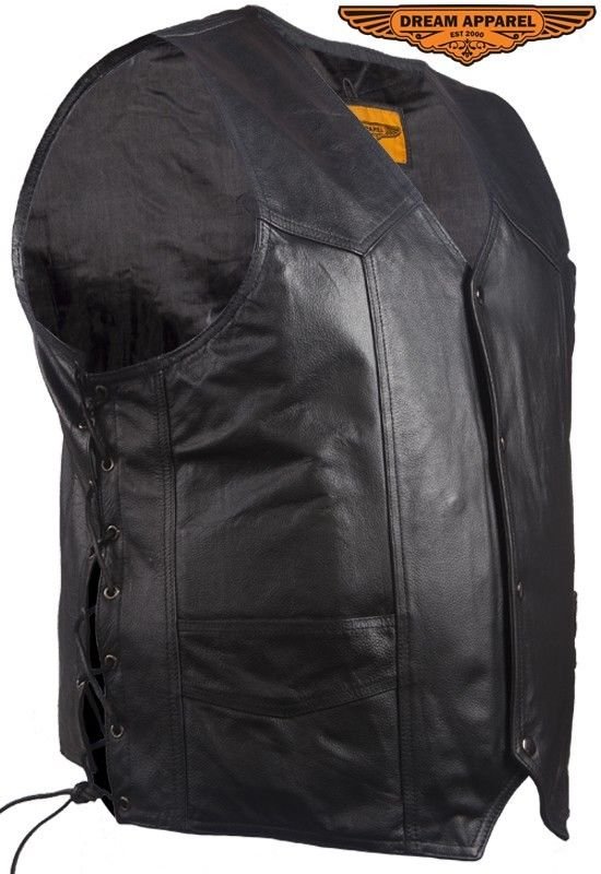 Men's Motorcycle Snap Button Leather Vest with Side Laces Conceal Carry Pocket
