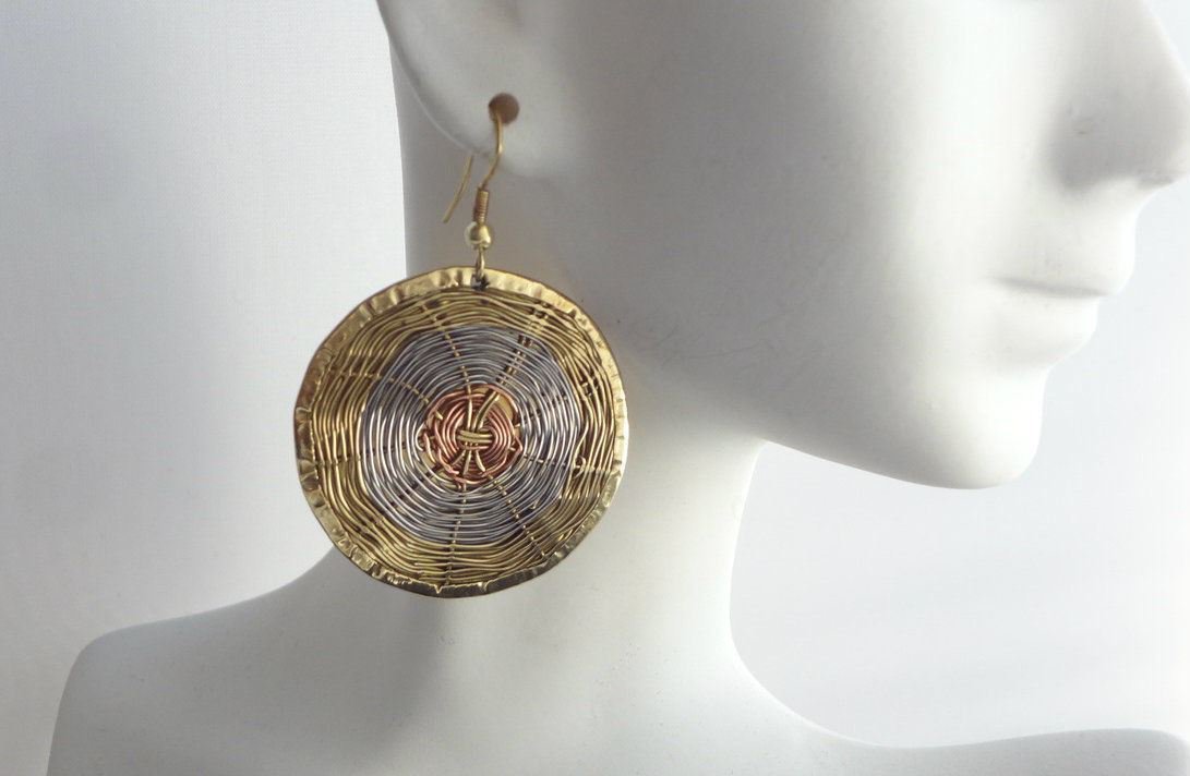 2" Round Tri-Tone Woven Brass Earrings