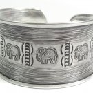 Sterling Silver Handmade Wide Statement Cuff Bangle Bracelet, Engraved elephants