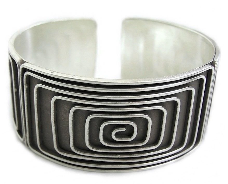 Sterling Silver Adjustable Handcrafted Geometric Design Flat Wide Cuff&Acirc;&nbsp;Bracelet
