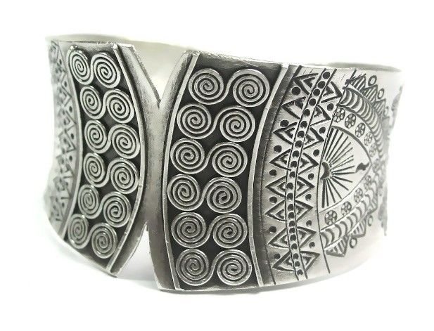 Sterling Silver Tribal Ethnic Boho Wide Statement Cuff Bracelet, Gypsy Bangle