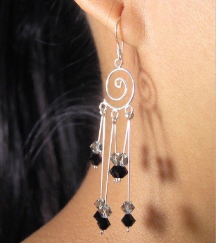 925 Sterling Silver long dangle Earrings Spiral Natural stones beads, Handmade