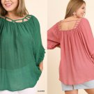 UMGEE PLUS SIZE RUFFLE SLEEVE PEASANT TOP CLOVER & MAUVE COLORS, XL, 1XL, 2XL