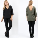 V NECK BLOUSE WITH  V BACK CUT OUT, PLUS SIZE 1X 2X & 3X, BLACK AND OLIVE COLORS