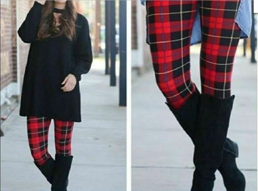 Plus Pretty Red Fall Winter Plaid Leggings Fits Sizes 12-18 NWT