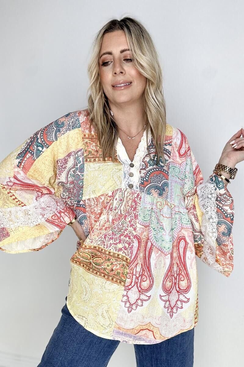 Paisley Patch Work Bell Sleeve Lace Vneck Boho Blouse Large