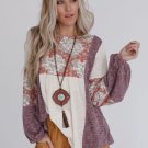 Multicolor Boho Floral Color Block Bubble Sleeve Ribbed Knit Top Size Large