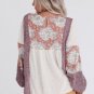 Multicolor Boho Floral Color Block Bubble Sleeve Ribbed Knit Top Size Medium