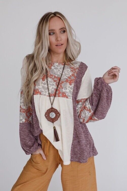 Multicolor Boho Floral Color Block Bubble Sleeve Ribbed Knit Top Size XL