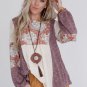Multicolor Boho Floral Color Block Bubble Sleeve Ribbed Knit Top Size XL