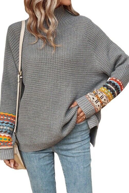 Gray Tribal Patch Raglan Sleeve High Neck Sweater Size Small
