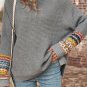 Gray Tribal Patch Raglan Sleeve High Neck Sweater Size Small