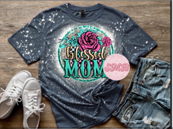Blessed Mom Heather Navy Bleach Tee Bleached Shirt