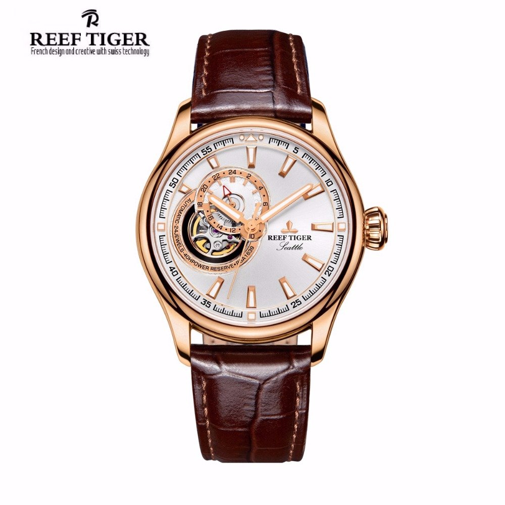 Reef Tiger Men Luxury Leather Watch Tourbilon Automatic Sapphire Crystal RGA1639